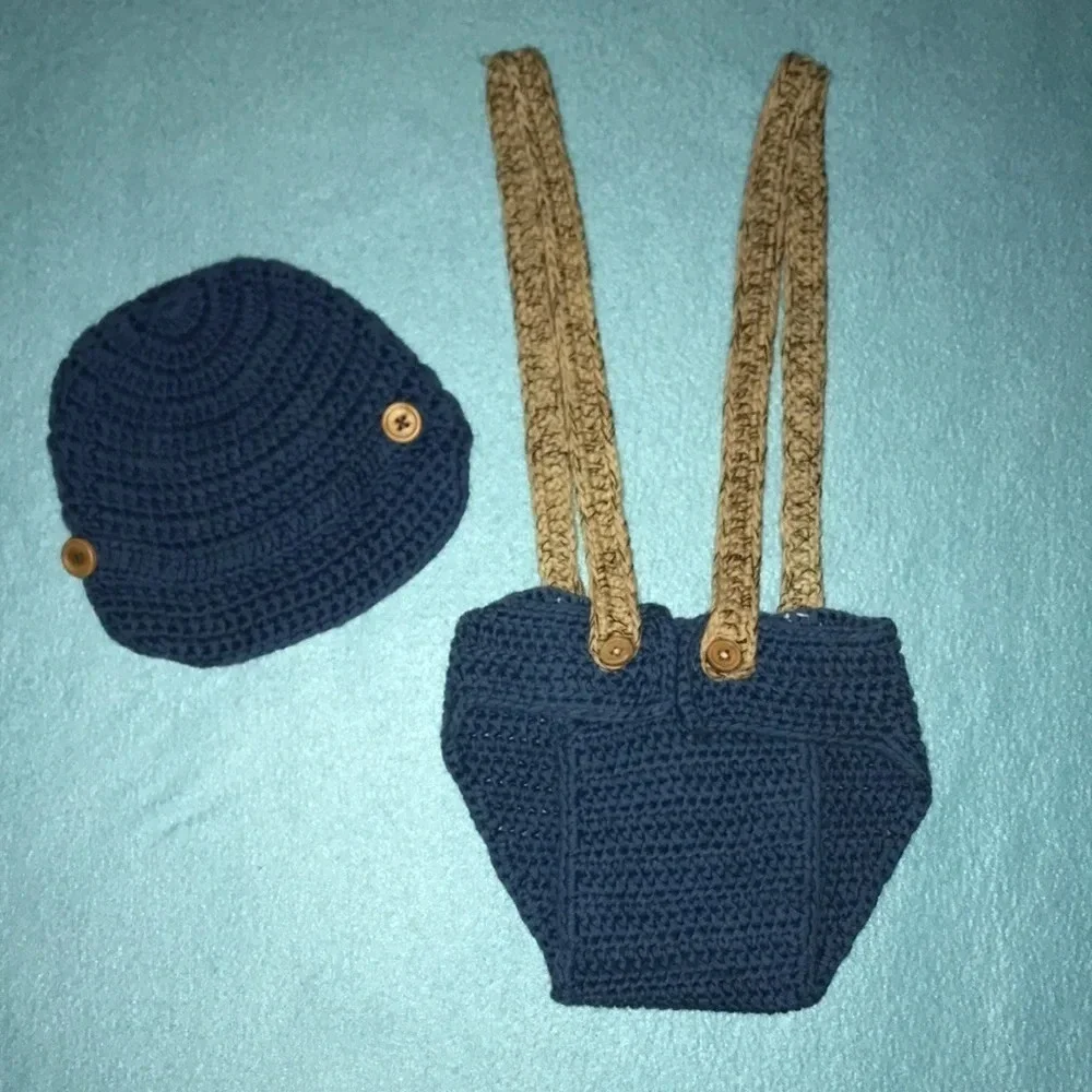HANDMADE CROCHETED hat,matching bottoms suspenders and bow tie size 3-6 months